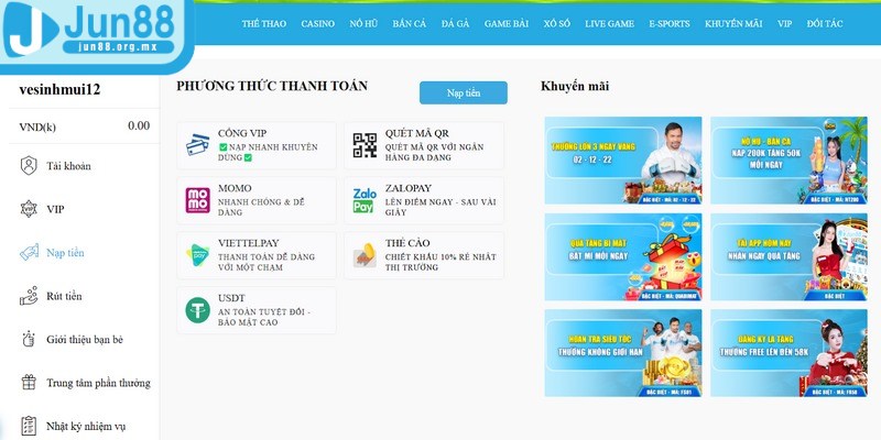Phương thức nạp tiền JUN88 trực tuyến siêu tiện lợi